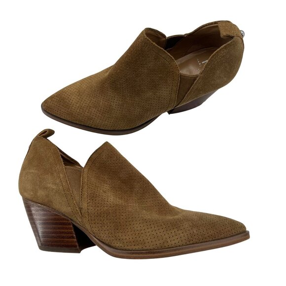 MARC FISHER Perforated Suede Ankle Boots Womens Size 6.5 Brown Pointed Toe Stack - Picture 1 of 8